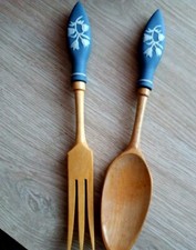 Vintage Wooden Spoon&Fork Ceramic Handle Light Blue Country Style Farm House