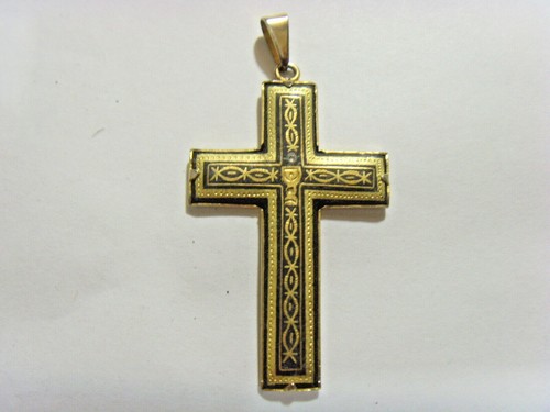 antique catholic 52 x 48 mm gold inlay cross pendant holy chalice motif 51247 - Picture 2 of 5
