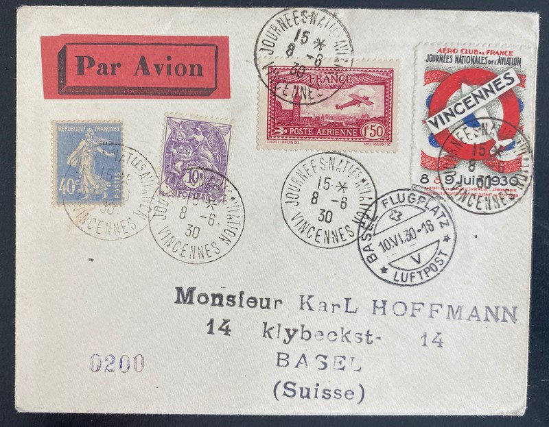 1930 Vincennes France Airmail Cover To Basel Switzerland National Aviation Label