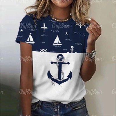 Women's Nautical Anchor Graphic T-Shirts, Casual Striped Summer Short Sleeves