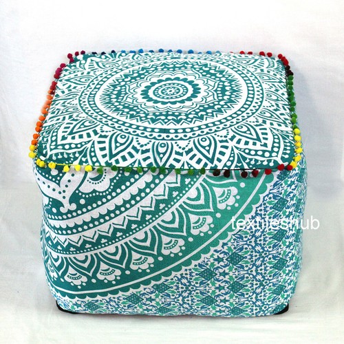 18" Mandala Square Ottoman Pouf Cover Indian Handmade Footstool Seating Cover - Picture 42 of 49