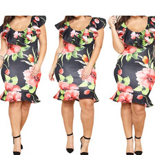 New Floral Black Bodycon Ruffled Knee Length Dress