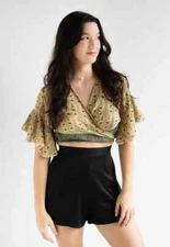 10Pc Indian Vintage Silk Sari Short Sleeve Crop Top, Boho Wrap Top, Tie Crop Top