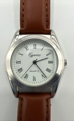 Cyprea Women's Silver Toned Watch Brown Faux Leather Used 7'' New Battery Works!