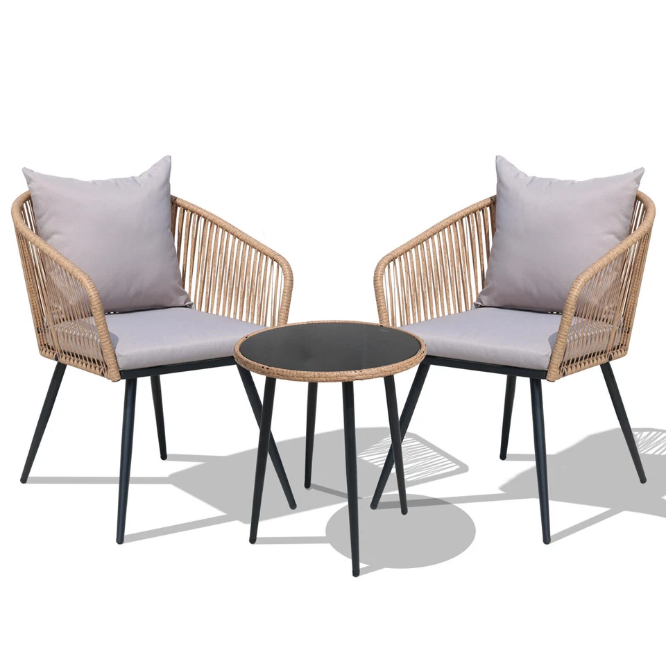 Juego de 3 sillas de mimbre para patio balcón al aire libre ratán conversación bistró juegos Foto 3 de 4