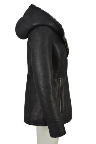 Ladies Sheepskin Jacket Shearling B3 Flying Grey Genuine Fur Hoodie Jacket NV39 - Picture 3 of 4