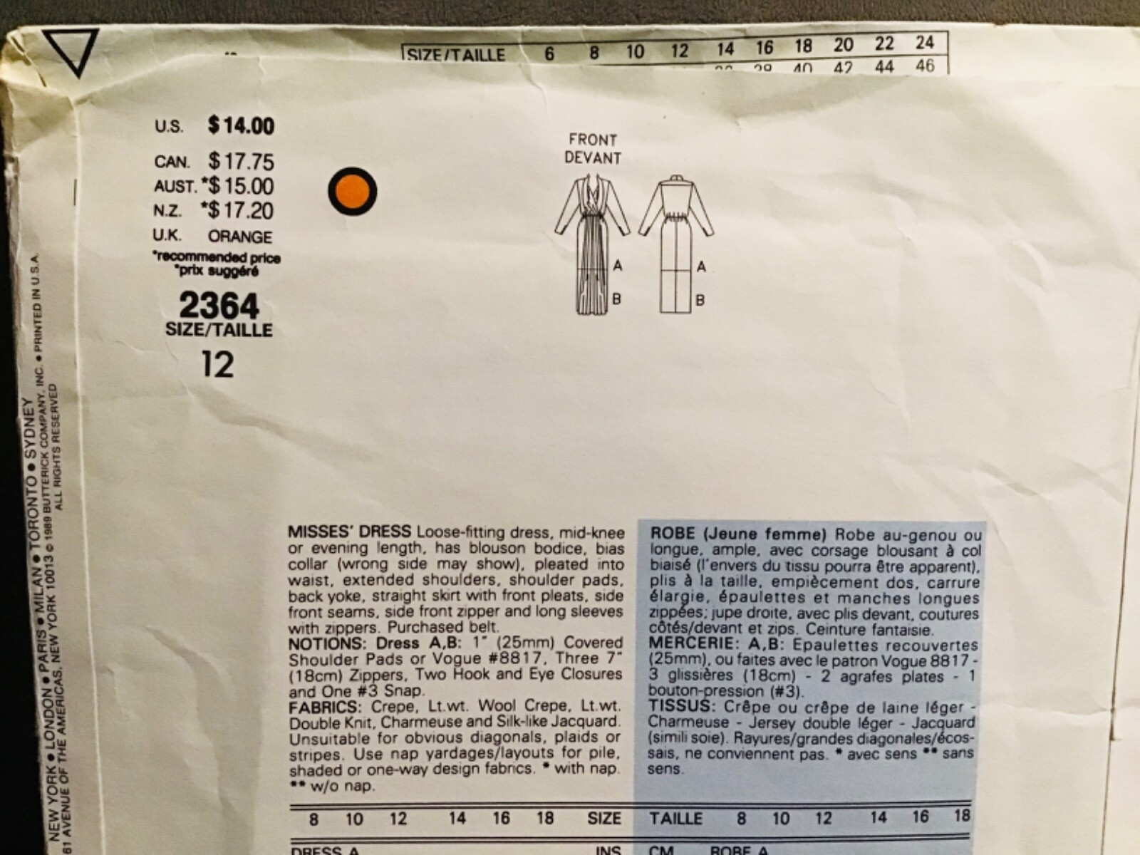 VOGUE 2364 YVES SAINT LAURENT ABITO O MODELLO ABITO DA SERA TAGLIA 12