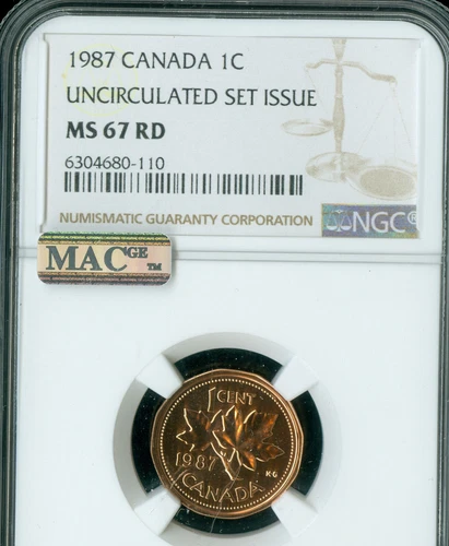 1987 CANADA CENT NGC MS67 RD PQ MAC SPOTLESS .