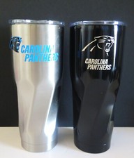 TWO 2 CAROLINA PANTHERS STAINLESS STEEL TUMBLERS WITH PUSH ON LID AND SPOUT