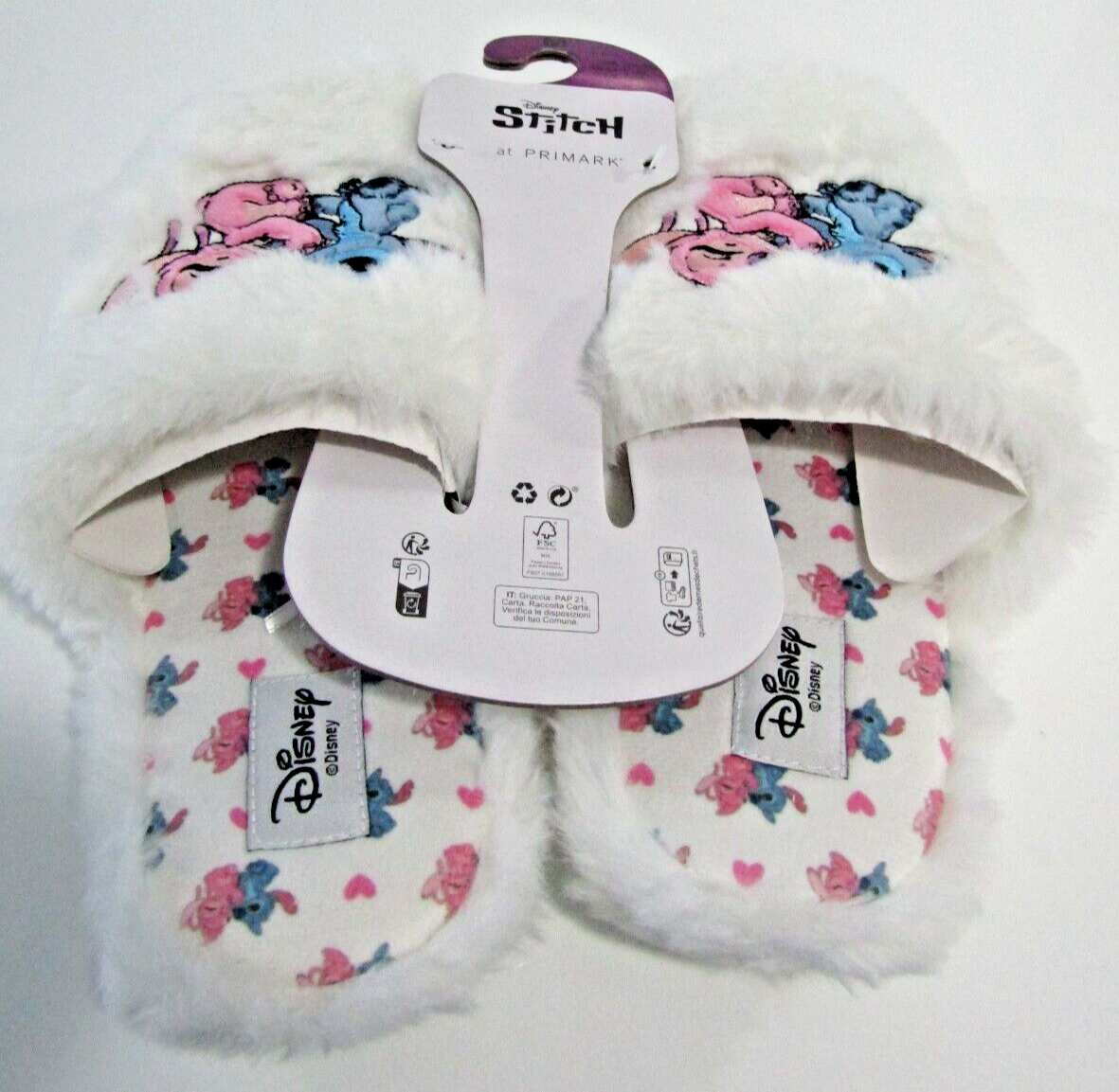 PRIMARK DISNEY STITCH ANGEL SLIPPERS SLIP ON FLUFFY MULES WHITE MEDIUM  XMAS