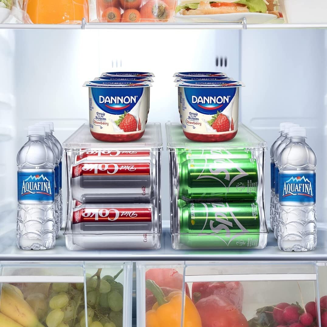 Clear Soda Can Organizer, Refrigerator Stackable Bin Dispenser with Lid - 2-Pack