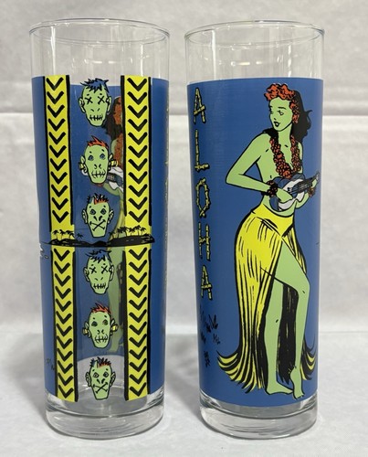 Hula Girl Glass Highball Collins Tiki Barware Hawaii Set of 2 Pair Zombie Tall