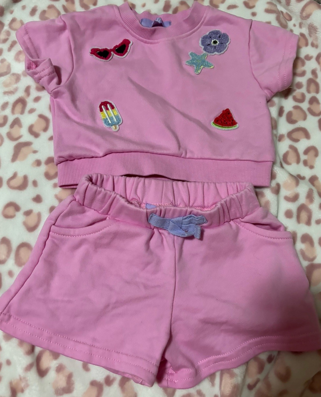 R2 Girls 2-Piece Pink Cotton Knit Embroidered T-Shirt & Shorts Set 6-9M