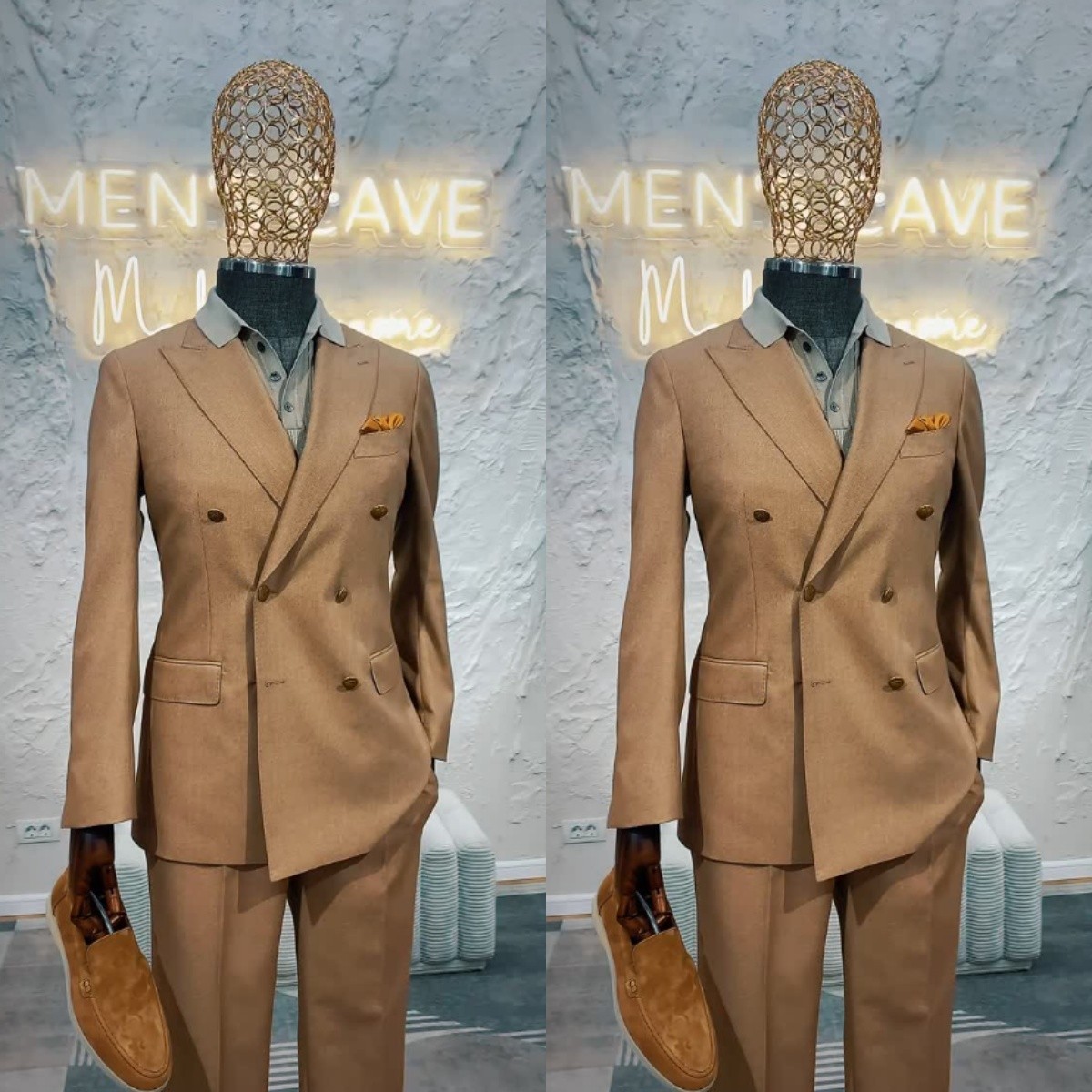 Brown Retro Men's Suits Peak Lapel Double Breasted Wedding Tuxedo