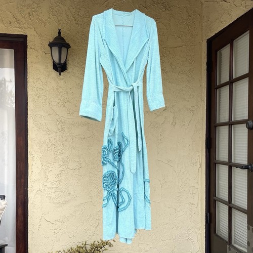 1940’s - 50’s Chenille Robe Aqua And Teal Floral Motif Small