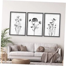 Flower Plant Wall Art Decor 16"x11" Set of 3 And White 16L" x 11W" Black