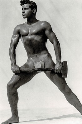 Hammer of Thor beefcake model in posing strap holding sledgehammer 4x6 reprint