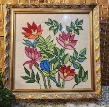 VTG MCMFramed Needlepoint Colorful Floral Design 18.5x 18.5" Wood Frame Signed