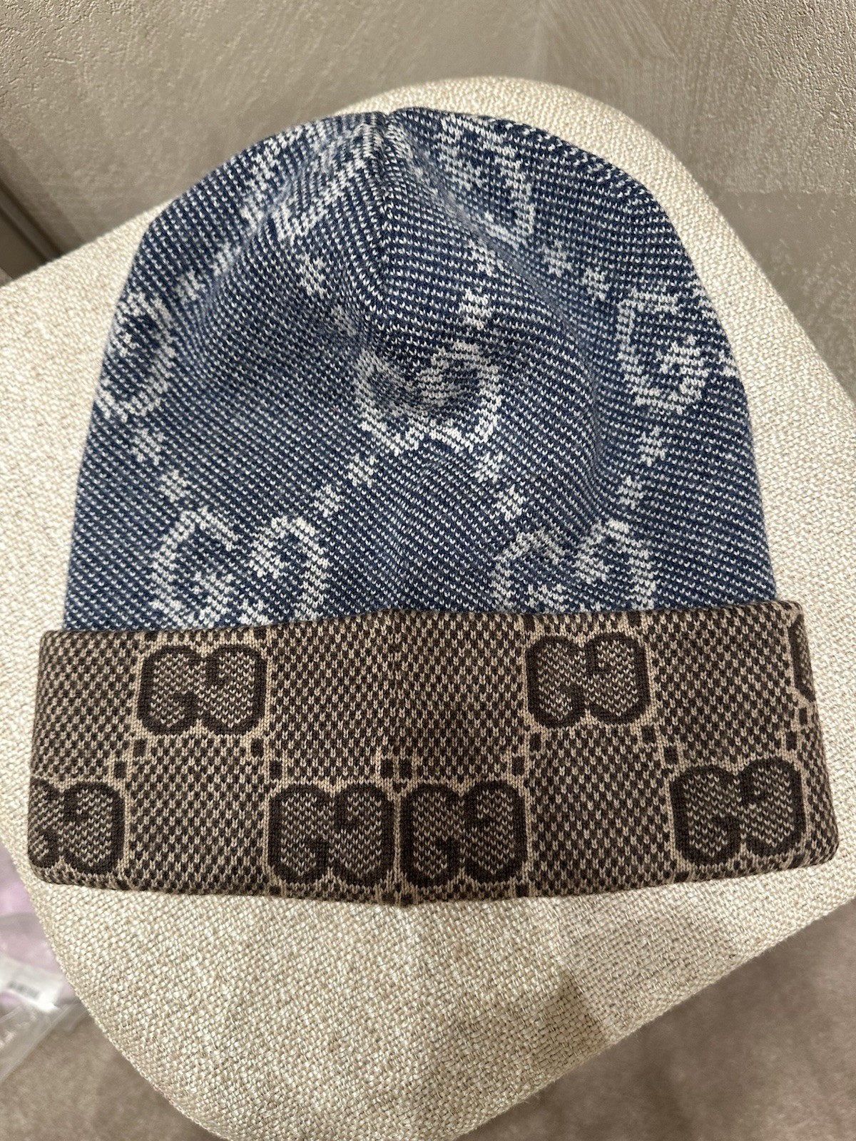 💯percentAuthentic!BrandNew!Gucci Double Layer Reversible Wool Beanie Navy/Brown sizeM