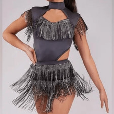 Weissman Elite Dance costume gray fringe bling Castle 17832 leotard dress MA