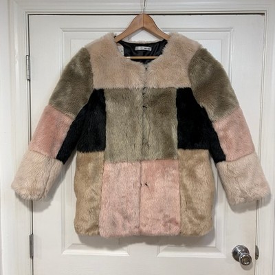 Faux Fur Glam Teddy Jacket WDNY Patchwork Color Block Coat Womens L Rocker Party