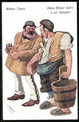 Künstler-AK Carl Josef Pollak: Meine Rösser habn a an Duscht!, Trinker und Wirt 