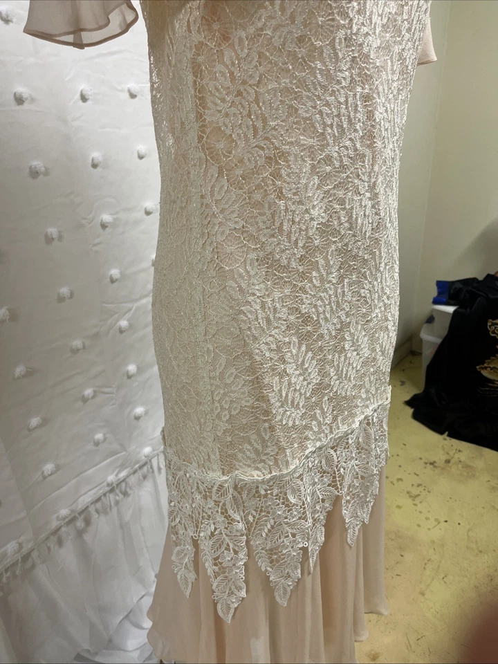 Vintage 80s Jessica McClintock Peach Satin Lace Dress Victorian Flapper Size 6 - Image 4 of 4