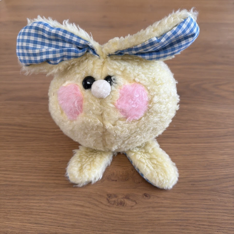 ANCIEN DOUDOU BALLE LAPIN JAUNE BLEU ROSE VICHY PLAYSKOOL - Photo 1/4