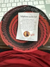 HAND WOVEN Black & Red COLORS ZULU SOUTH AFRICAN TELEPHONE WIRE ART BOWL