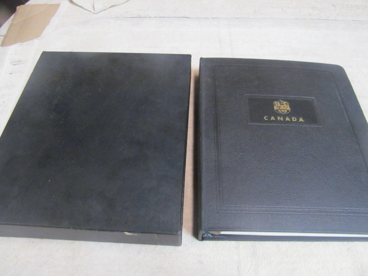 VINTAGE MINKUS 1960 CANADA STAMP ALBUM WITH SLEEVE, ABOUT 35% FULL, 90 PAGES.