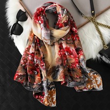 Women Floral Print Chiffon Scarf Soft Thin Silky Georgette Shawl Spring Summer