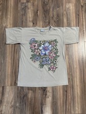 Vintage 90s Basic Editions Flowers Floral Rhinestones Bow Tan Beige Shirt Large