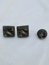 Handcrafted Black Resin Cufflinks and Lapel Pin Set - Real Foxtails & Stickers