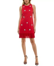 Taylor Embellished Ruffle-Hem Shift Dress Womens 8 Ultra Red Round Neck Back Zip