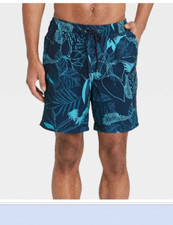 EUC Goodfellow  Co Tropical 7" Inseam Lined Swim Trunks Medium Dark Blue/ Teal