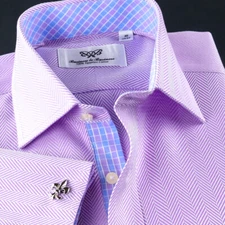 Lilac Herringbone Dress Shirt Luxury With Fancy Boss Inner Lining French Cuff