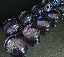 PAIR Purple & Black Fracture Design Glass Plugs Double Flare Gauge Body Jewelry