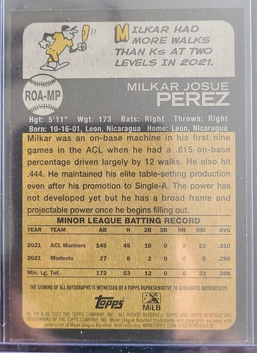MILKAR PEREZ 2022 TOPPS HERITAGE MINOR LEAGUE REAL ONE ON CARD AUTO #ROA-MP - 第 2/2 張圖片