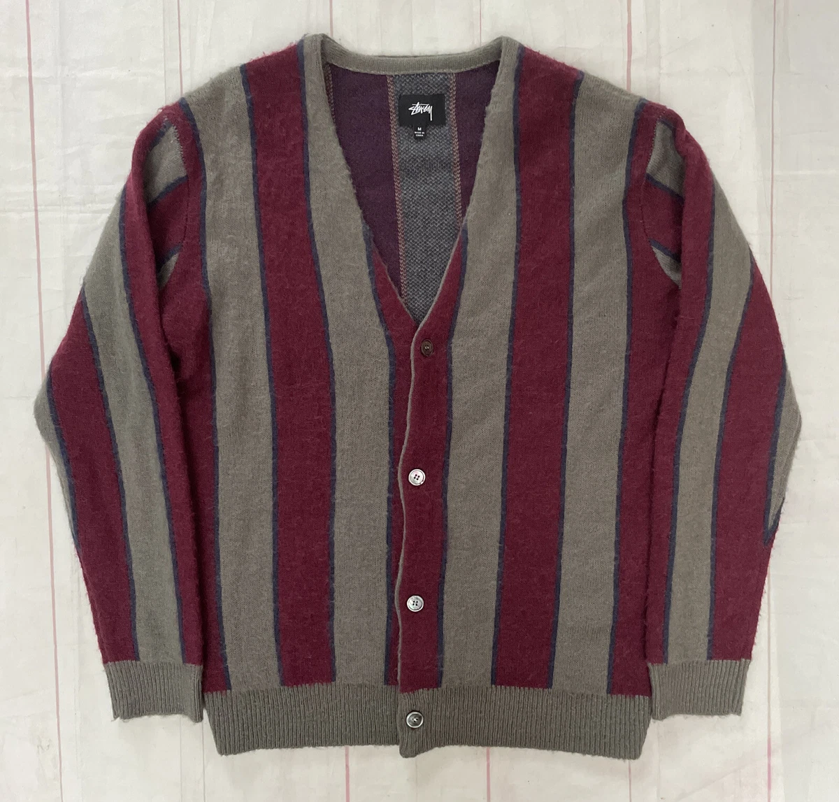 Stussy Mohair Stripe Fuzzy Cardigan Sweater Vintage Skate Grunge Punk Style  M
