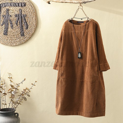 ZANZEA Mujeres Mangas Largas Vintage Pana Midi Vestidos Damas Informales Prendas para el torso Largas*/ - Imagen 8 de 16