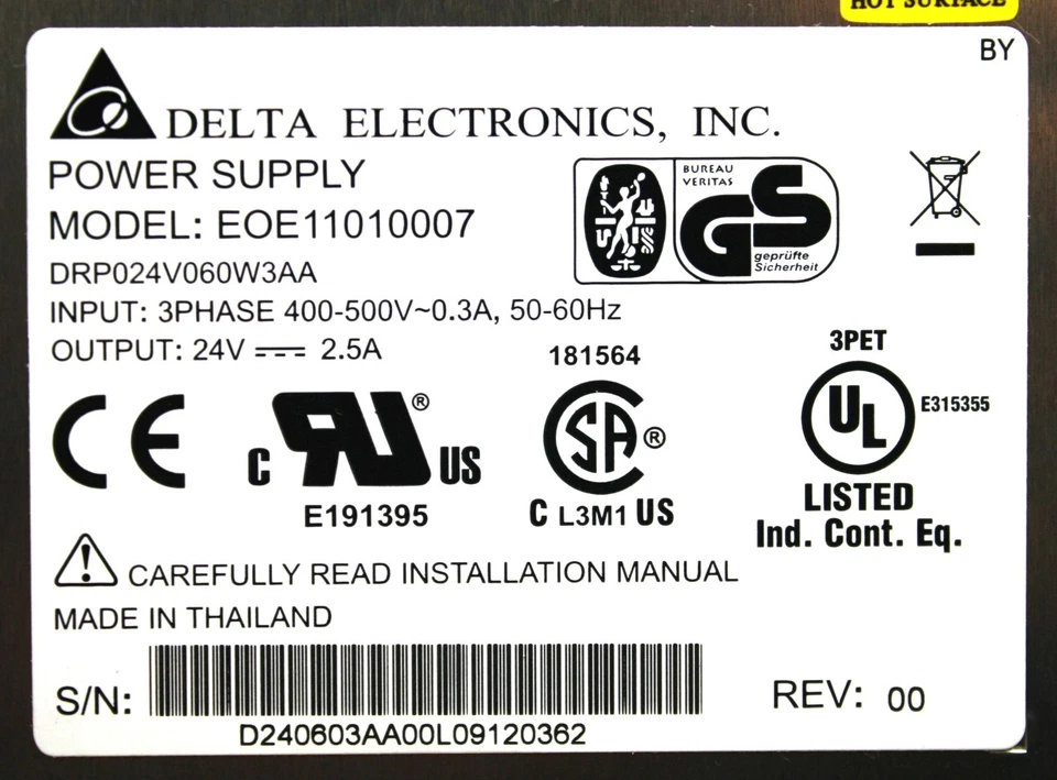 Delta DRP024V060W3AA Power Supply Input 400-500VAC Output 24V DC 60W 3PH 2.5A - Image 4 of 4