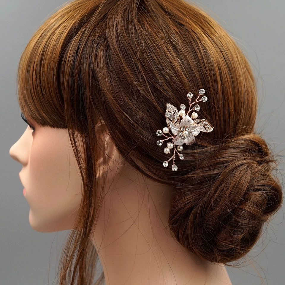 Pin de pelo floral para novia tocado de cristal accesorio de boda ORO ROSA 1 Foto 2 de 4
