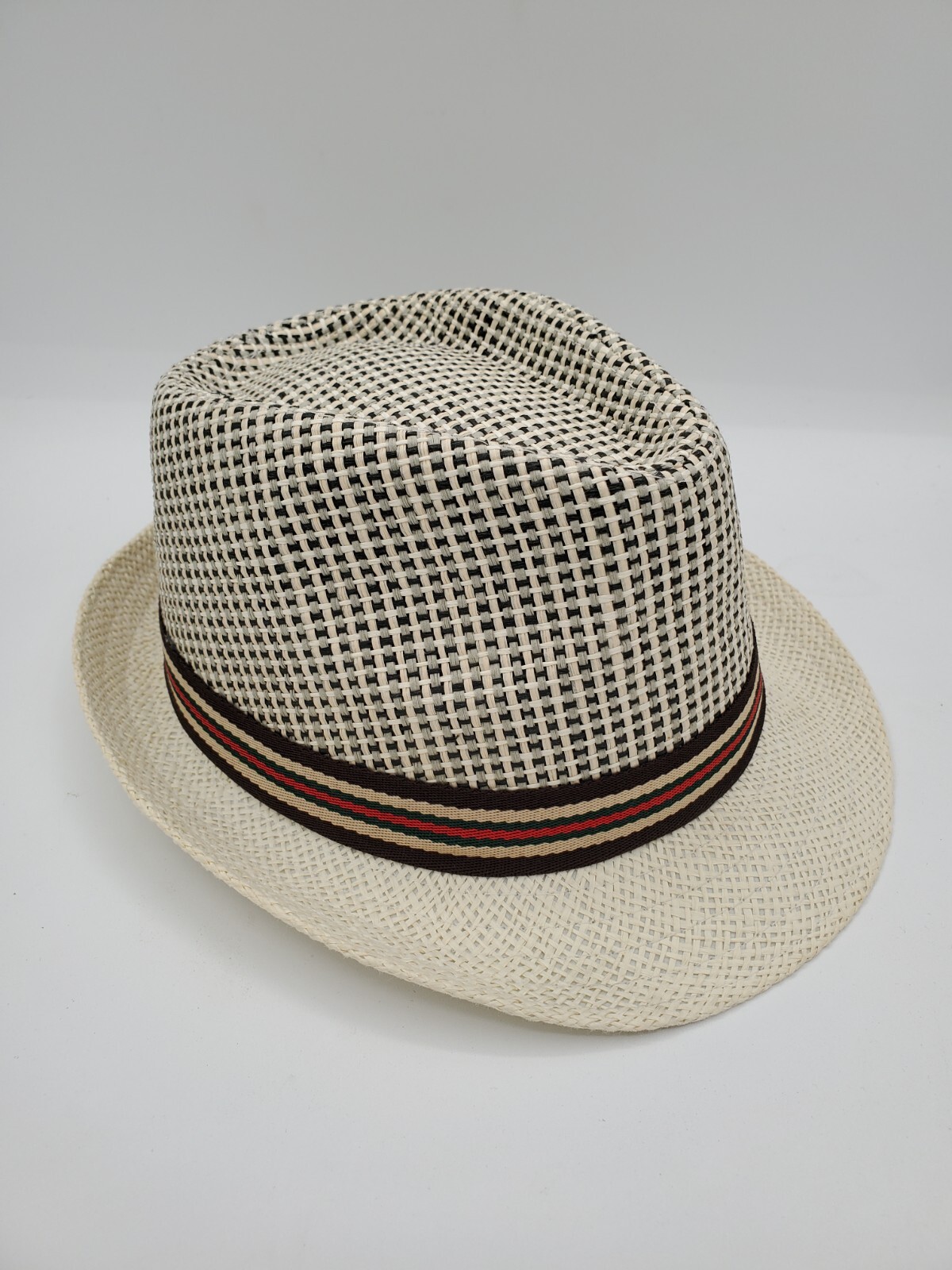 2-Tone Checkered Fedora Hat in Cream Ivory Tan with Multicolor Band - Size 57 cm-image