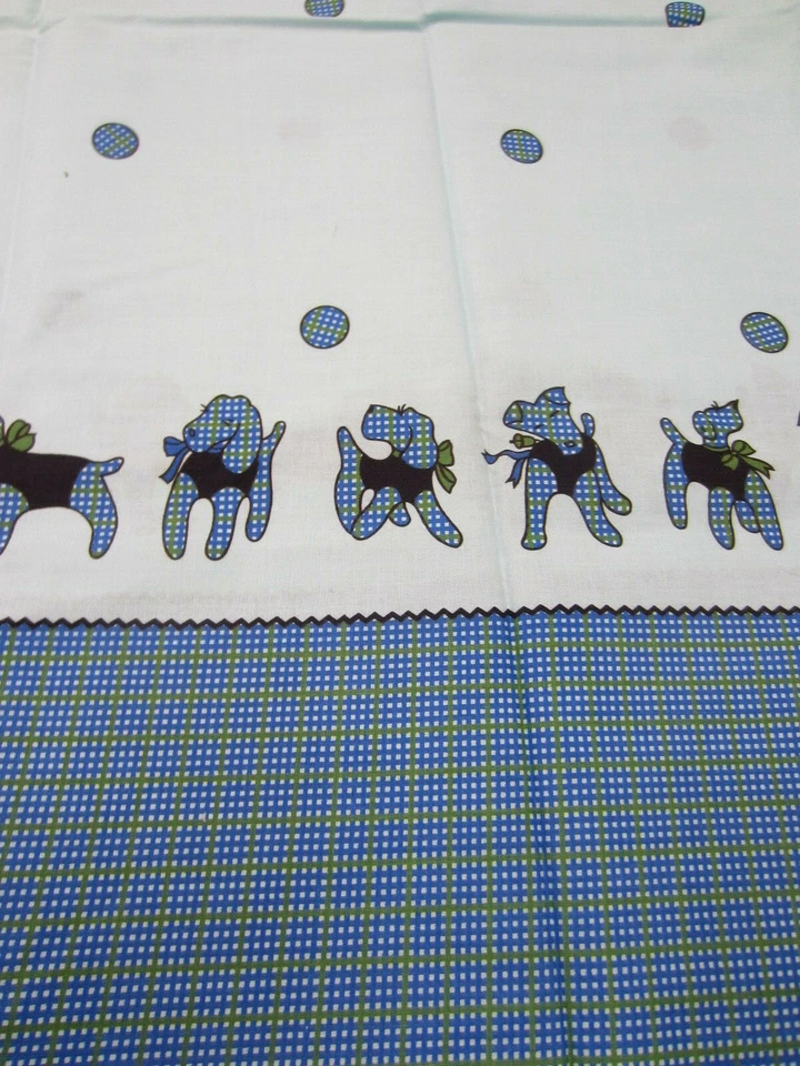Tela de tela ancha de algodón con borde de cachorros a cuadros a lunares azul verde vintage 2 yardas Foto 3 de 4