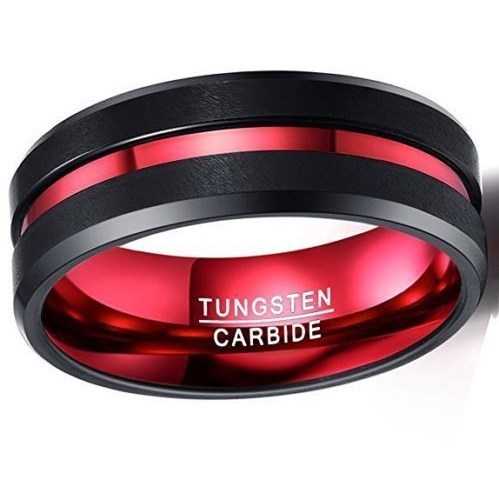 Tungsten Ring Red Black Matte Finish Beveled Grooved Wedding Bands NEW* - Foto 11 di 12