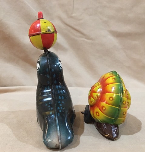 1950s Lehmann AHA 910 NOLI 915 Tin Litho Friction Toy Seal Ball Snail W. Germany - Picture 4 of 6
