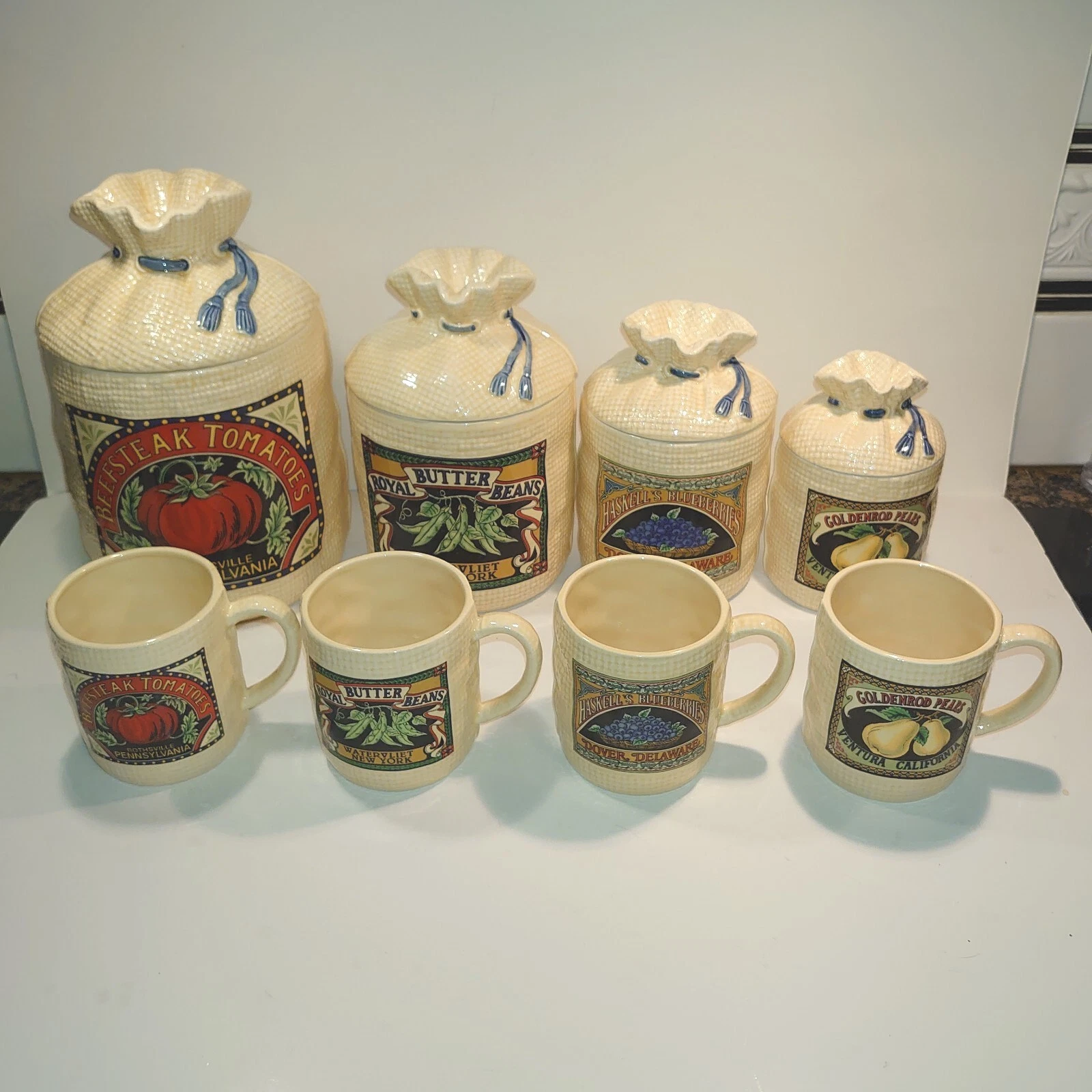 Set of 8 Hearth & Home Designs Burlap Sack & Produce Label Canisters & Cups EUC