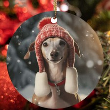 Cute Italian Greyhound Dog Santa Hat Snow Winter Christmas Ornament Gift Decor