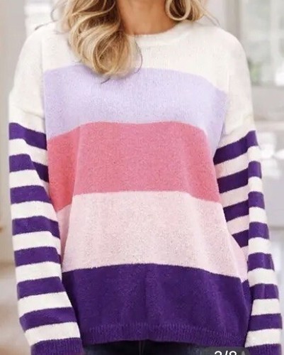 Flamingo Colorblock Striped Pattern Drop Shoulder Sweater, XL - Picture 2 of 6