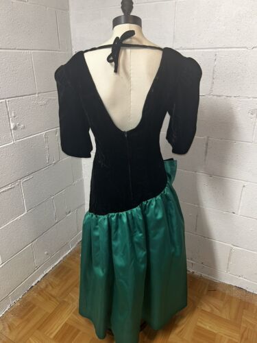 80s Prom Dress Jrs 9/10 VTG Pantagis Green Taffeta Black Velvet Bow Gown B2 - Picture 4 of 13